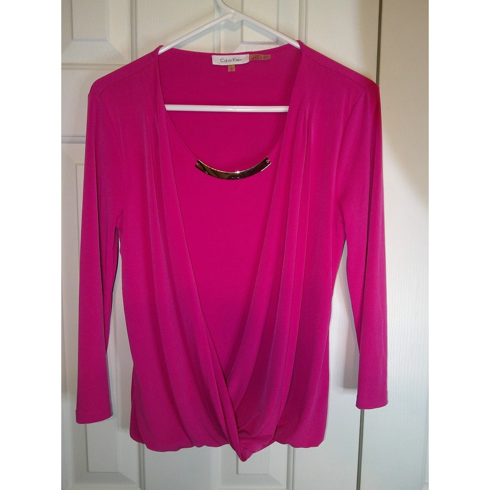 Calvin Klein Blouse Top Gold Accent Drape Front Long Sleeve Pink Small‎